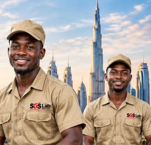 Workers in SOS Lab uniforms with the Dubai skyline behind them
